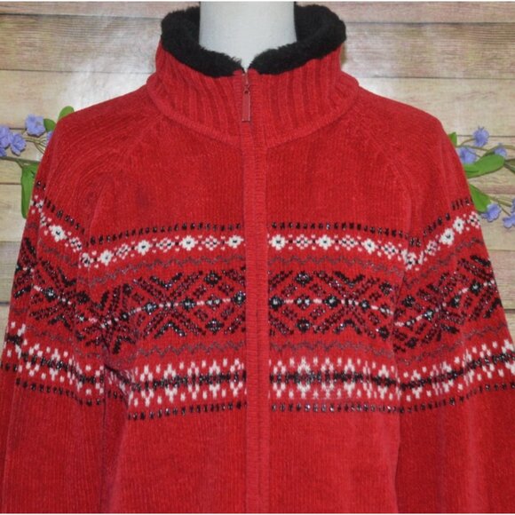 Carolyn Taylor Ladies Red Full Zip Faux Fur Fair Isle Sweater Cardigan Size XL - Picture 6 of 15